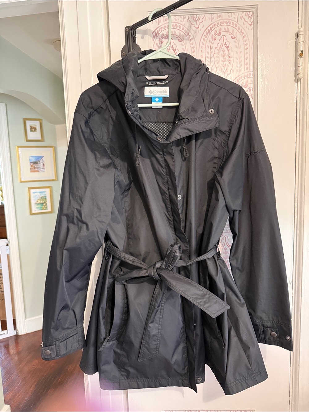 Columbia Black Hooded Trench Coat with Tied Waist